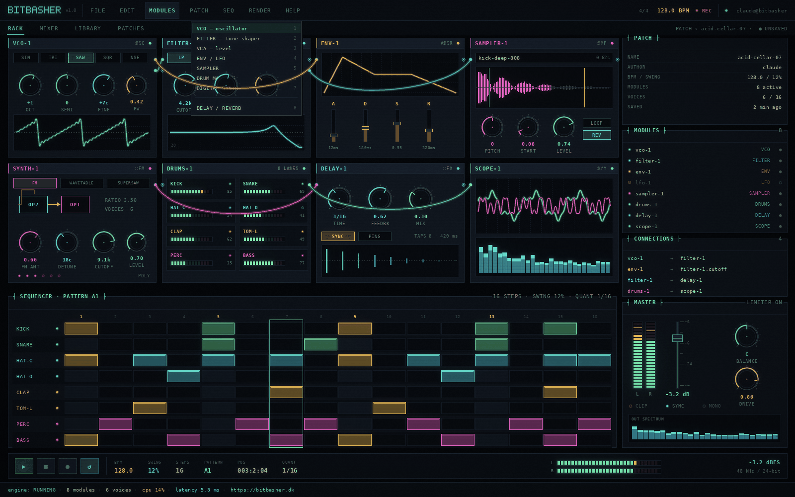 Screenshot of the Bitbasher creator: a rack of terminal-styled oscillator, filter, envelope and drum modules above a step sequencer.