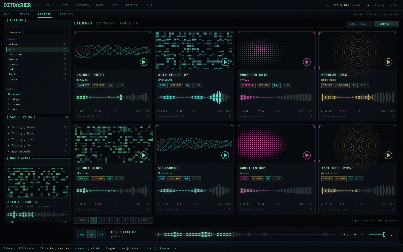 Screenshot of the Bitbasher music library listing tracks as cards with cover art, duration and BPM.